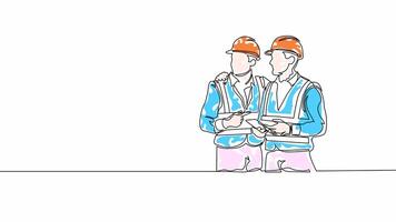 Hand-Drawn One-Line Contractor Animation.Minimalist Line Art With Color .Continuous Outline Drawing Two Young Architect Explaining Building Design Blueprint to Contractor. Business Concept. video
