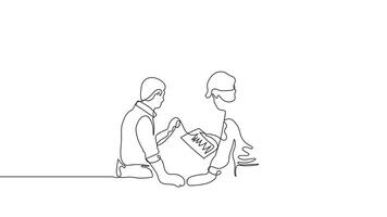 Hand Drawn OneLine Contractor Animation .Minimalist Line Art With Color.Continuous Outline Drawing Two Young Architect Explaining Building Design Blueprint to Contractor. Business Concept. video