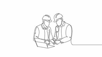 Hand-Drawn One-Line Contractor Animation .Minimalist Line Art With Color.Continuous Outline Drawing Two Young Architect Explaining Building Design Blueprint to Contractor. Business Concept. video