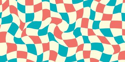 Psychedelic checkerboard background with wavy distortions, retro color palette. Groovy geometric pattern, warped grid effect, hippie texture, 70s, surreal. vector