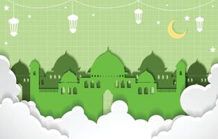 Islamic Papercut Background for Celebration Greeting Card in Green Color Theme vector