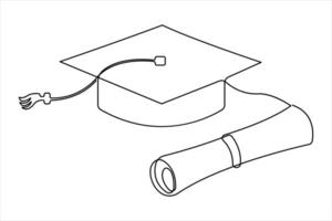Continuous one line art drawing of graduation hat design vector