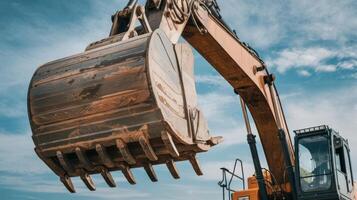 A large excavator is standing on top of a dirt field photo