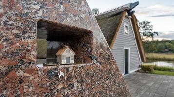 A small house is sitting on a rock in front of a house photo