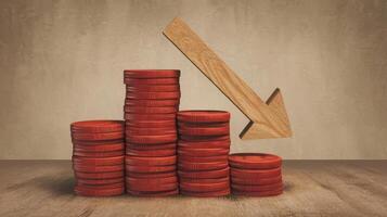 A wooden arrow pointing up and a stack of coins photo