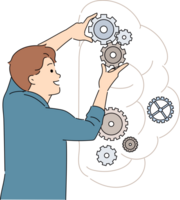 Man is developing artificial intelligence by placing industrial gears inside brain. Development of neural mechanism that allows you to replace human brain with ai and improve memory or intelligence png