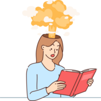 Surprise and shock is felt by woman with exploding head and reading book, learning unexpected facts about world history. Girl enjoys reading literature with sharp plot twists or fascinating plot png