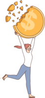 Woman who received money for silence runs with mouth taped and gold coin in hands. Inflation destroys money and makes girl nervous at risk of becoming bankrupt and being left without savings. png
