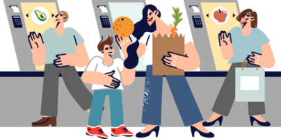 Vending machines and vending equipment or self-service cash registers with payment terminals behind people. Customers visit automated store without salespeople but with vending machines png