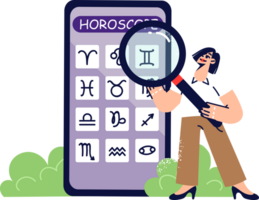 Horoscope in smartphone application, with forecasts for different zodiac signs, near business woman. Electronic horoscope with recommendations for people interested in esotericism and astrology png
