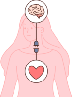 Harmony between mind and emotions for woman, with wire connecting brain and heart. Achieving life harmony or balance, helping to achieve success and avoid rash decisions that destroy life png