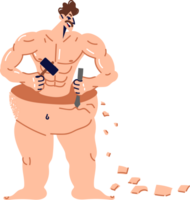 Man is interested in bodybuilding and building beautiful body with muscles and six-pack abs. Guy uses sculpting tool to destroy fat as metaphor for bodybuilding and readiness for self-improvement. png