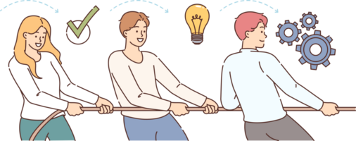 Synergy of group of people pulling rope together and fighting to achieve results from idea to production of prototype. Synergy between man and woman demonstrating ability to work as equals png
