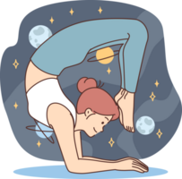 Woman practices yoga and pilates, taking difficult pose and imagining cosmos full of stars and planets. Girl tries to achieve prices with help of yoga meditations, taking care of own health png