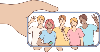Group portrait of young men and women in smartphone screen, after selfie taken with built-in camera. Multi-ethnic people in portrait demonstrate unity and friendship while studying at university png