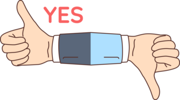 Solution is demonstrated by thumbs up or thumbs down hand gesture with yes or no written in contrasting colors. Business person shows positive and negative decision in response to heard proposal. png