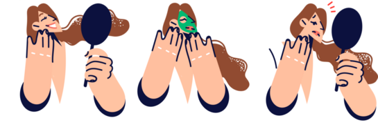 Cosmetological rejuvenating mask for women faces, allows to get rid of wrinkles and acne. Girl with mirror is happy to see progress after using natural mask with nourishing and moisturizing effect png