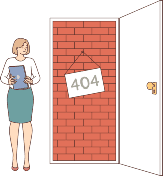 error 404 es visto por negocio mujer quien abre puerta obstruido con ladrillos, simbolizando prohibición en ganando acceso. niña con tableta es triste y para 404 errores sentido ausencia de necesario página en sitio web png
