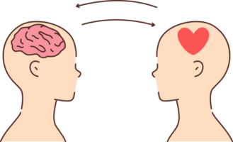 Balance between rationality and emotion for person who uses brain and heart at same time. Psychological harmony in decision making demonstrates two people with heart and brain in heads png