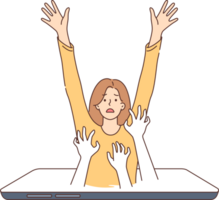Problem of digital addiction in woman drowning in smartphone screen due to passion for social networks. Digital addiction sucks girl into electronic gadget to constantly spend time on apps png