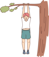 Boy risks falling from tree, hangs on branch and holds on with all strength due to inattention of parents. Child risks of injury because disobeyed mom and dad and climbed onto wood png