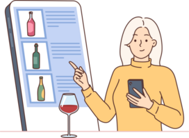 Woman looks through wine menu on smartphone, choosing favorite drink and standing at bar counter with wineglass. Girl recommends mobile application for ordering alcoholic drinks or wine png
