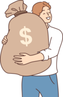 Man hugs bag of money, rejoicing at amount of finance earned or receiving dividends from investments. Rich guy with lot of money in account is testing pieces after achieving economic goal png