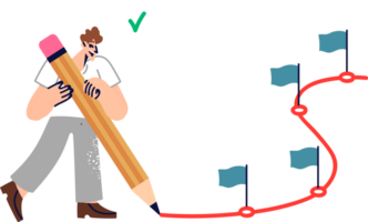 Man plans future by drawing route for move forward and setting small goals to achieve big goal. Ambitious guy uses big pencil for pave way to success and create plan leading to career growth png