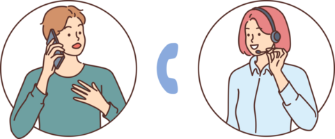 Client contacts customer support and talks on phone with female hotline operator. Girls from hotline use headset with microphone for consultations and answers to questions to help solve problem. png