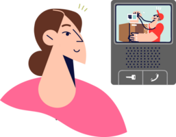 Courier calls intercom of woman who owns apartment and shows a pass confirming right to access premises. Modern intercom for checking guests and remotely opening front door png