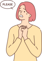 Guilty woman begs for help and assistance in solving problem, demonstrates pleading emotions. Guilty girl needs help after making serious mistakes that can cause consequences and troubles. png