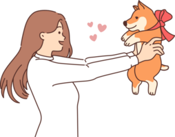 Woman received dog as birthday present and holds small puppy with bow around neck in hands. Young girl experiences happiness after receiving dog, showing love and desire to hug future pet png