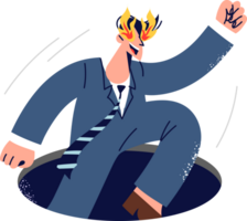 Business man jumps out of hole and demonstrates readiness for success after many failures. Business guy with fire in eyes and high motivation png