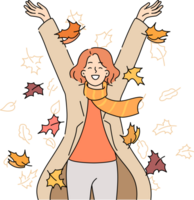 Woman is in autumn mood, throwing colorful maple leaves up, and not celebrating end of summer season. Happy girl experiences euphoria thanks to autumn mood and departure of heat or drought png