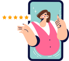 Positive user experience from using mobile app on phone, with woman showing thumbs up. Five stars are metaphor for good user experience resulting from professionalism of developers. png