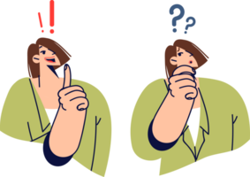 mulher brainstorms responda para questão e regozija-se quando ela vem acima com engenhoso solução. brainstorms permite casual menina para encontrar só certo caminho para pegue desejado resultado e alcançar meta. png