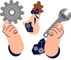Man cyborg with implanted robot parts replacing organs and eyes fixes himself with wrench. Futuristic cyborg robot similar to human smiles, demonstrating gears of mechanisms that ensure functionality. png