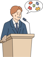 Glossophobia in man speaking in front of audience behind podium, and suffering from confusion in thoughts. Problem of glossophobia causes stress and depression in business conference speaker png
