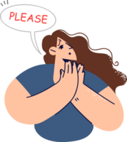 Helpless woman says please and makes piteous expression on face, asking for help or apologizing for mistake. Word please in conversation cloud near girl in need of support due to unsolvable problems png