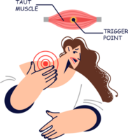 Taut muscle and trigger point in woman neck, causing pain due to poor posture and long periods of working with computer. Girl with taut muscle syndrome needs help of chiropractor or regular gymnastics png