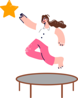 Woman wants achieve success and reach for star, jumping on trampoline, thanks to motivation. Trampoline of ambition helps girl not to stop when she fails, making new attempt achieve goal. png
