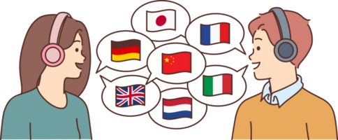 Two polyglots in headphones communicate in different languages, stand near dialogue clouds with country flags. Male and female polyglots use artificial intelligence translator for online chatting png