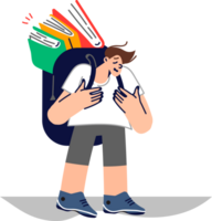 Upset boy with books in backpack suffers from complex educational program in primary school. Need to read books causes discomfort and depression in student who wants to sit back and have fun png