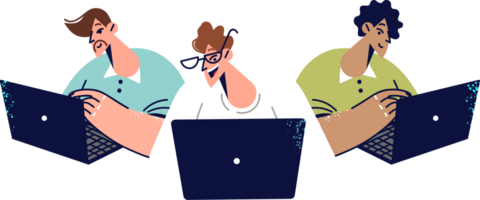 Group of business people are using laptops, working on complex program, participating in team hackathon. Young freelancers compete in programming during hackathon for computer geniuses png