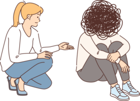 Psychological support from kind woman for man suffering from confused thoughts in head. Psychological support during session to avoid long-term depression that destroys consciousness png