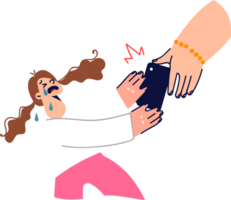 Child with digital addiction threw tantrum because phone was taken away and was afraid of missing message on social network. Problem of childrens digital addiction and nomophobia. png