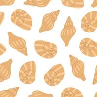 Seamless pattern with beige seashells on white background. Tropical sea and ocean shells with ornament. Marine design. Flat illustration for wallpaper, textile, packaging vector