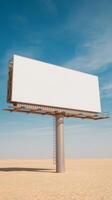 Blank billboard in the desert with blue sky photo