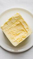 A square of butter on a white plate photo