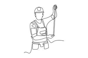 Continuous one line drawing builder or carpenter measuring the length of the wall using measurement tape. Home construction or renovation services. Single line draw design graphic illustration vector